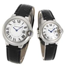 Cartier Ballon Bleu De Cartier Quadrante Bianco Con Cinturino In Pelle Nero-coppia Watch
