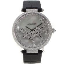 Cartier Panthère De Cartier Completa Diamond Bezel Con MOP Dial-cinturino In Pelle Nera