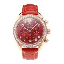 Omega Speedmaster Lavoro Cronografo Diamond Bezel Cassa In Oro Rosa Con Red Strap Dial-Leather