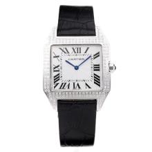 Cartier Diamond Bezel Con White Strap Dial-Leather