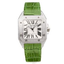 Cartier Santos Cassa Del Diamante Con Quadrante Bianco-verde Cinturino In Pelle-vetro Zaffiro
