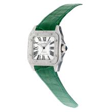 Cartier Santos 100 Asia ETA 2813 Cassa Del Diamante Movimento Automatico Con Quadrante Bianco-verde Cinturino In Pelle