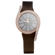 Piaget Limelight Rose Gold Case Diamond Bezel with Black Dial-Brown Leather Strap