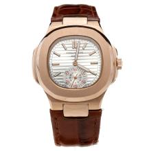 Patek Philippe Nautilus Automatic Rose Gold Case with Silver Dial-Leather Strap-1