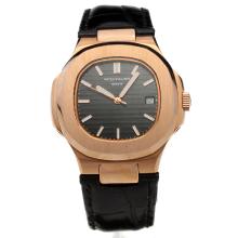Patek Philippe Nautilus Automatic Rose Gold Case Black Dial with Leather Strap-18K Plated Gold Movement