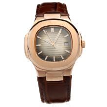 Patek Philippe Nautilus Rose Gold Case with Dark Gray Dial-Leather Strap
