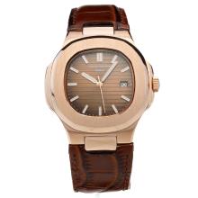 Patek Philippe Nautilus Rose Gold Case with Brown Dial-Leather Strap-2