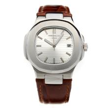 Patek Philippe Nautilus Automatic Silver Dial with Leather Strap-18K Plated Gold Movement