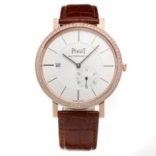 Piaget Altiplano Automatic Rose Gold Case Diamond Bezel with White Dial-Leather Strap-1