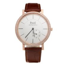 Piaget Altiplano Automatic Rose Gold Case Diamond Bezel with White Dial-Leather Strap