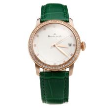 Blancpain Rose Gold Case Diamond Bezel with White Dial-Green Leather Strap-1