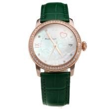 Blancpain Rose Gold Case Diamond Bezel with White Dial-Green Leather Strap