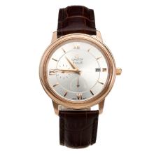 Omega De Ville Rose Gold Case with White Dial-Leather Strap