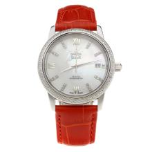 Omega De Ville Diamond Bezel with MOP Dial-Red Leather Strap-1