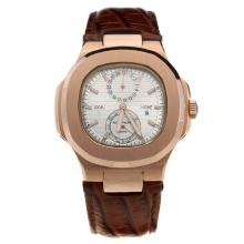 Patek Philippe Nautilus Automatic Rose Gold Case with Silver Dial-Leather Strap