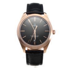 Omega Master Co-Axial Swiss ETA 2836 Movement Rose Gold Case with Black Dial-Leather Strap-1