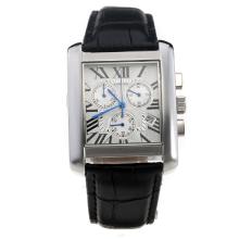 Cartier Tank Working Chronograph Roman Markings With White Dial--Leather Strap