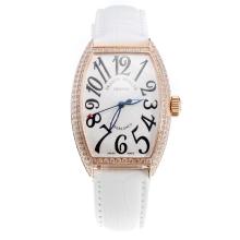 Franck Muller Casablanca Automatic Rose Gold Case Diamond Bezel with White Dial-White Leather Strap-1