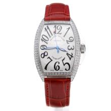 Franck Muller Casablanca Automatic Diamond Bezel with White Dial-Red Leather Strap