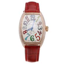 Franck Muller Casablanca Automatic Rose Gold Case Diamond Bezel Colourful Number Markings-Red Leather Strap