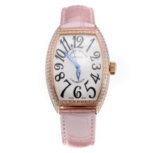 Franck Muller Casablanca Automatic Rose Gold Case Diamond Bezel with White Dial-Pink Leather Strap