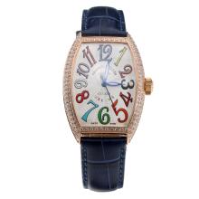 Franck Muller Casablanca Automatic Rose Gold Case Diamond Bezel with White Dial-Blue Leather Strap-1