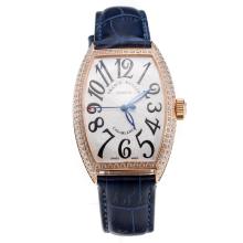Franck Muller Casablanca Automatic Rose Gold Case Diamond Bezel with White Dial-Blue Leather Strap