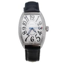 Franck Muller Casablanca Automatic Diamond Bezel with White Dial-Black Leather Strap