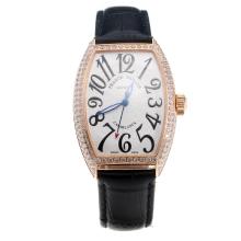 Franck Muller Casablanca Automatic Rose Gold Case Diamond Bezel with White Dial-Black Leather Strap