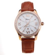 Chopard Happy Sport Rose Gold Case Diamond Bezel with MOP Dial-Brown Leather Strap
