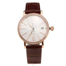 IWC Portofino Rose Gold Caes Diamond Bezel White Dial with Brown Leather Strap-Lady Size
