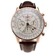 Breitling Navitimer Working GMT Chronograph Asia 7750 Movement Rose Gold Case with White Dial-Leather Strap