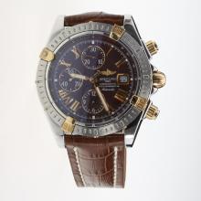 Breitling Chronomat Evolution Chronograph Asia Valjoux 7750 Movement Two Tone Case Roman Markers with Brown Dial-Leather Strap