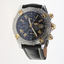 Breitling Chronomat Evolution Chronograph Asia Valjoux 7750 Movement Two Tone Case Roman Markers with Black Dial-Leather Strap