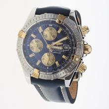 Breitling Chronomat Evolution Chronograph Asia Valjoux 7750 Movement Two Tone Case Stick Markers with Blue Dial-Leather Strap