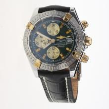 Breitling Chronomat Evolution Chronograph Asia Valjoux 7750 Movement Two Tone Case Stick Markers with Black Dial-Leather Strap