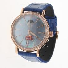 IWC Portofino Moonphase Automatic Rose Gold Case Diamond Bezel with Blue MOP Dial-Blue Leather Strap