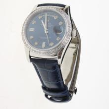 Rolex Day-Date 3156 Automatic Movement Diamond Markers & Bezel with Blue Dial-Leather Strap