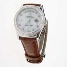 Rolex Day-Date 3156 Automatic Movement Diamond Markers & Bezel with MOP Dial-Leather Strap