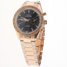 Omega Speedmaster Chronograph Asia Valjoux 7750 Movement Full Rose Gold with Black Dial(Extra Black Leather Strap is Included)