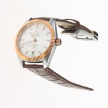 Omega Globemaster Two Tone Case with Silver Dial-Leather Strap