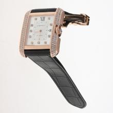Cartier Tank Swiss ETA 2836 Movement Rose Gold Case Diamond Bezel & Markers with White Dial-Leather Strap