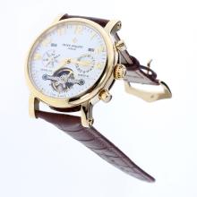 Patek Philippe Perpetual Calendar Tourbillon Automatic Gold Case with White Dial-Leather Strap