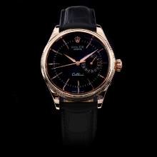 Rolex Cellini Automatic Rose Gold Case with Black Dial-Leather Strap