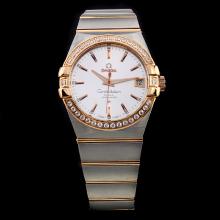 Omega Constellation Swiss ETA 8500 Movement Two Tone Diamond Bezel Stick Markers with Silver Dial