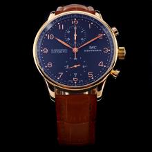 IWC Portuguese Chronograph Asia Valjoux 7750 Movement Rose Gold Case with Black Dial-Leather Strap