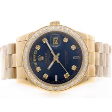 Rolex Day Date Automatico Pieno Oro Giallo Quadrante Blu Con Diamante Marcatura & Lunetta