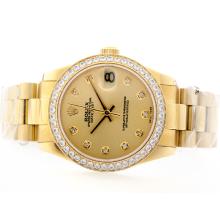 Rolex Datejust Movimento Svizzero Eta 2836 Oro Pieno Golden Dial Con Diamante Marcatura & Lunetta