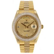 Rolex Day-Date II Svizzeri ETA 2836 Pieno Movimento Gold Diamond Marcatori E Lunetta Con Golden Dial